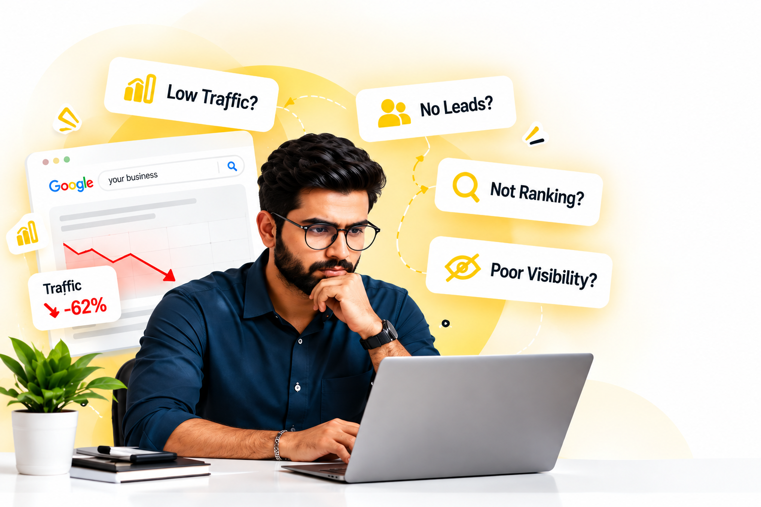 SEO challenges including low traffic, poor visibility and ranking problems